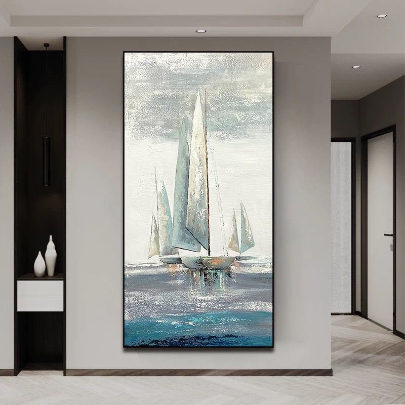 创作款装饰画扬帆起航纯手绘油画竖版客厅沙发背景墙装饰画