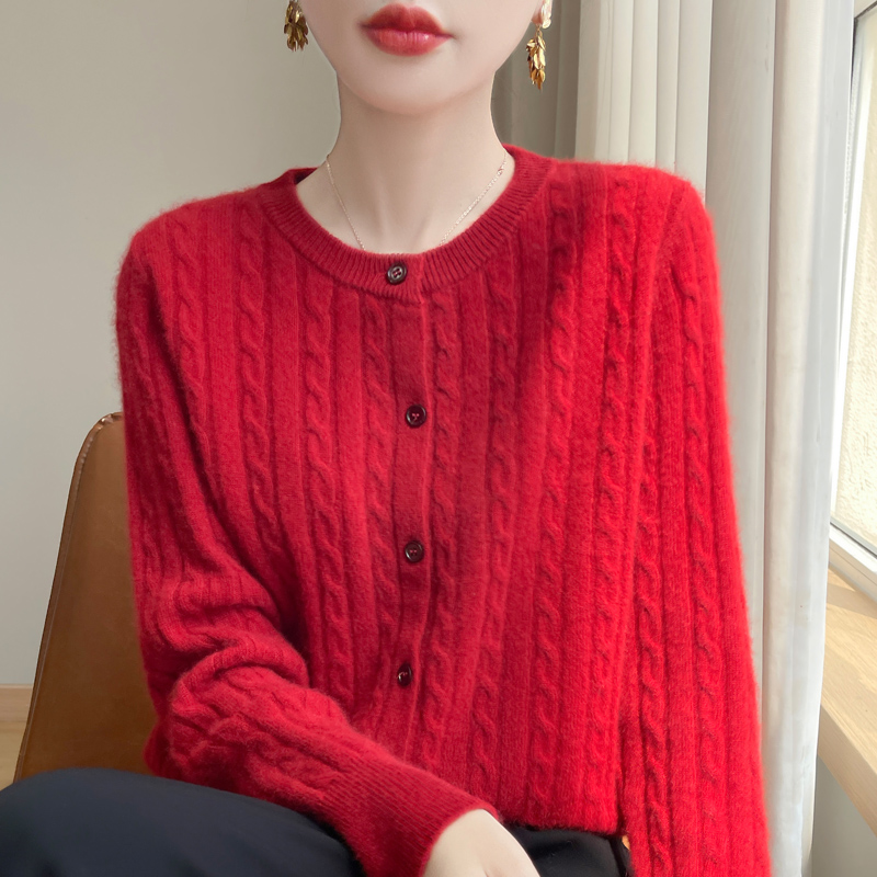 温柔减龄~100%羊毛开衫女款设计感休闲圆领时尚洋气针织衫女