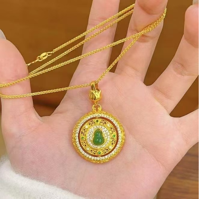 铜合金锆石项链 新款铜镀K金镶嵌玉葫芦可转动八宝罗盘下来锁骨链