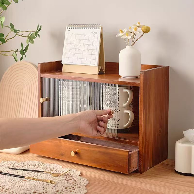 化妆品收纳盒桌面实木复古储物柜子首饰茶具茶杯马克杯收纳架防尘
