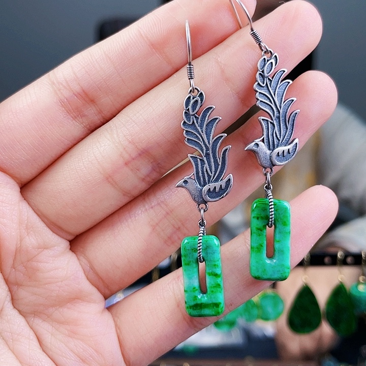 翡翠耳饰银S925镶嵌饰品