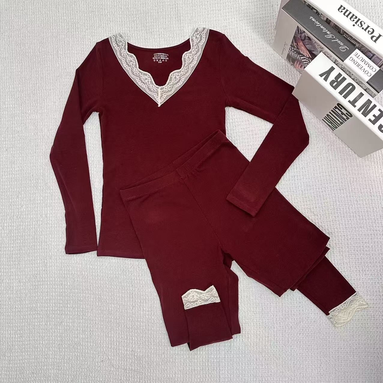 i绵羊毛桑蚕丝长袖V领红色保暖内衣秋冬保暖套装