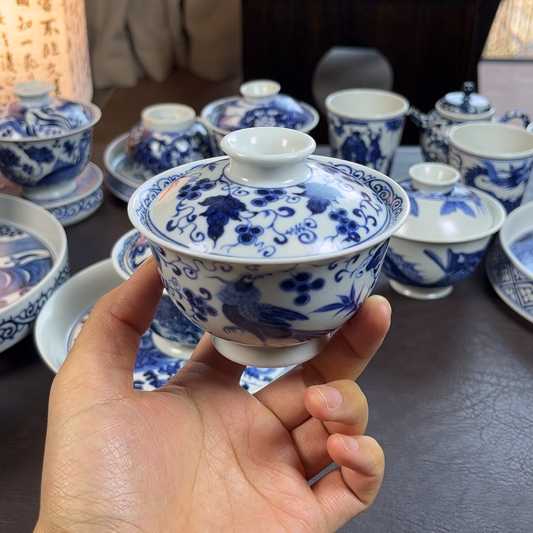 朝岚夕霞仿至正元青花盖碗原矿釉烧制全手绘