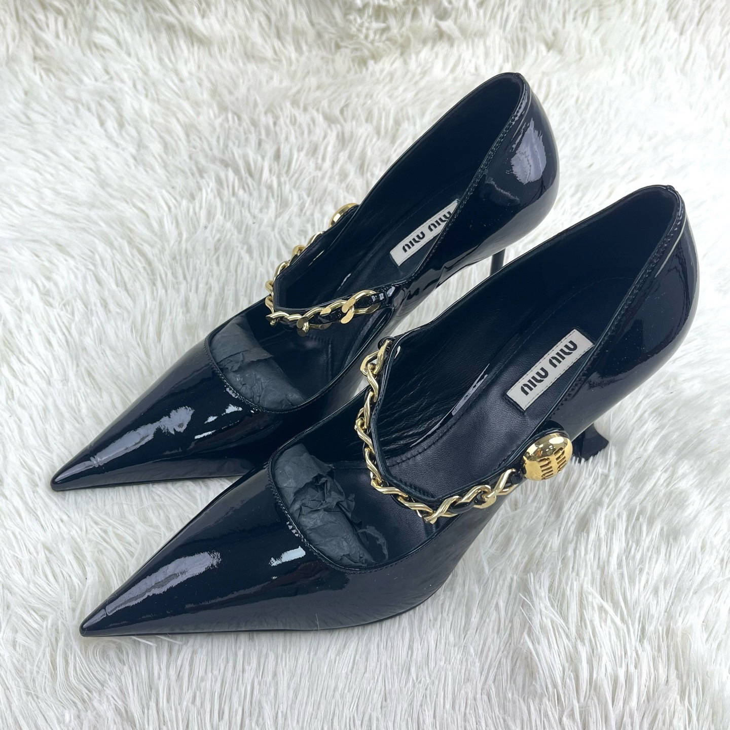 99新 MIU MIU/缪缪 黑色漆皮金币链条高跟鞋39码原盒