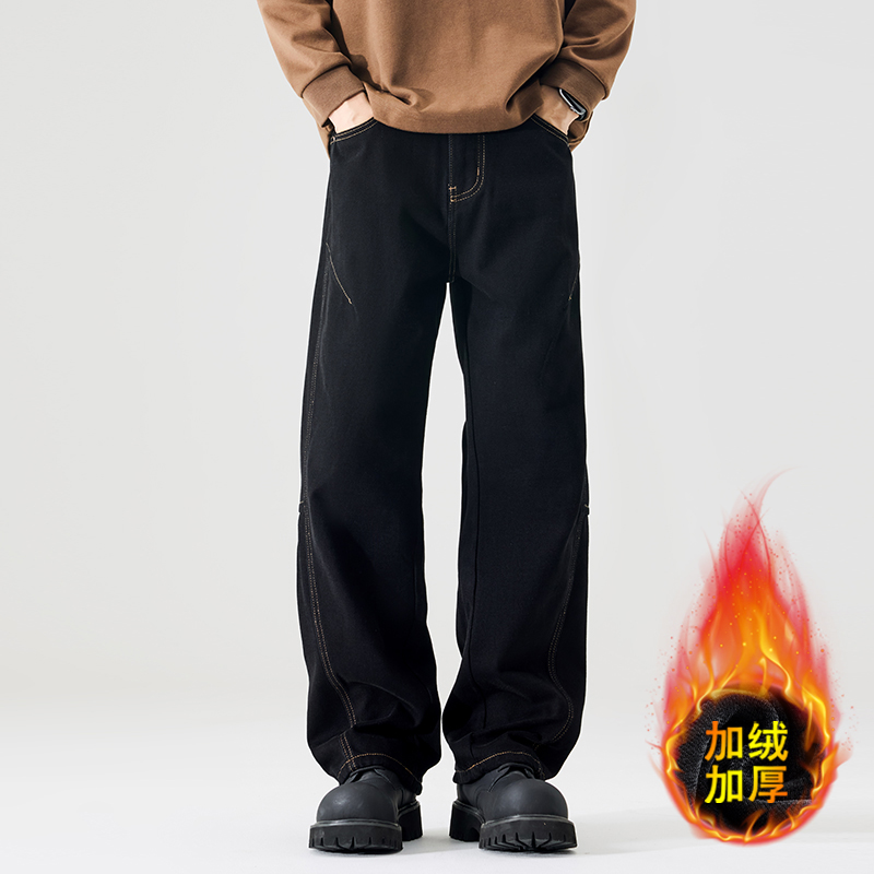 2025直筒加绒牛仔裤男宽松潮牌阔腿裤大码男士百搭复古高街加厚