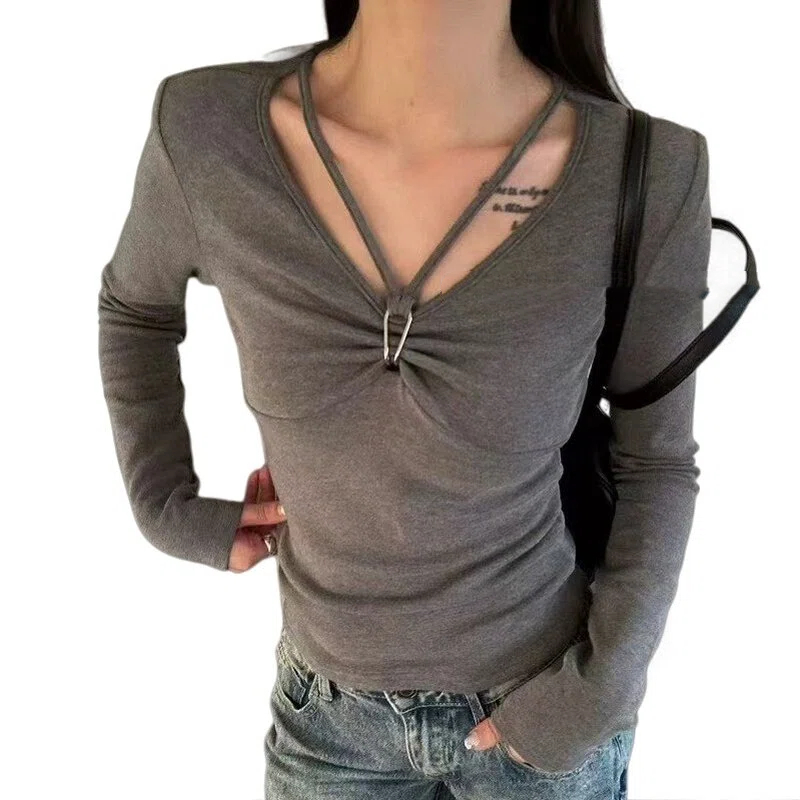 老郭家性感百搭秋冬氛围感打底挂脖上衣t恤