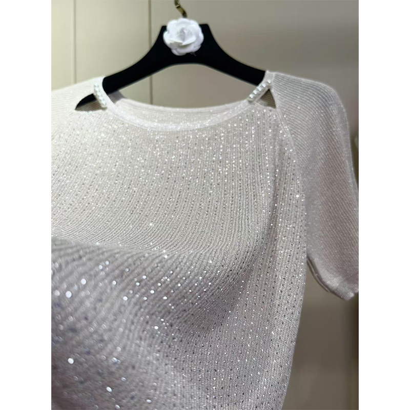 旧梦轻奢 2025夏款高定烫钻显瘦修身短袖女士针织毛衣
