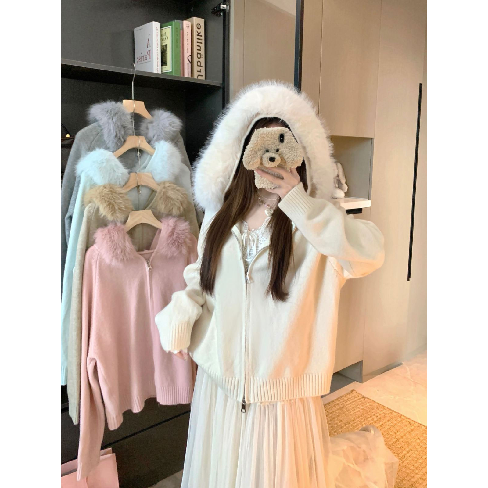 美拉德毛领连帽毛衣外套女2025秋冬洋气显瘦针织开衫上衣