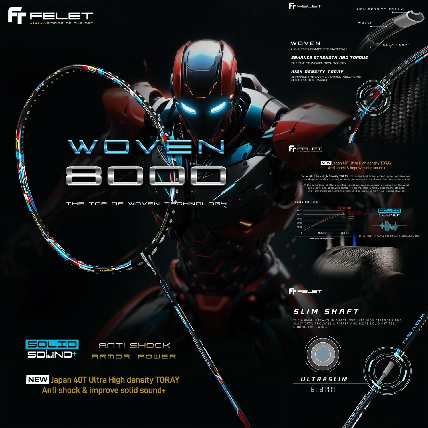 FT FELET辉厉 WOVEN 8000羽毛球拍乌纹8000崔率圭同款拍防守兼备