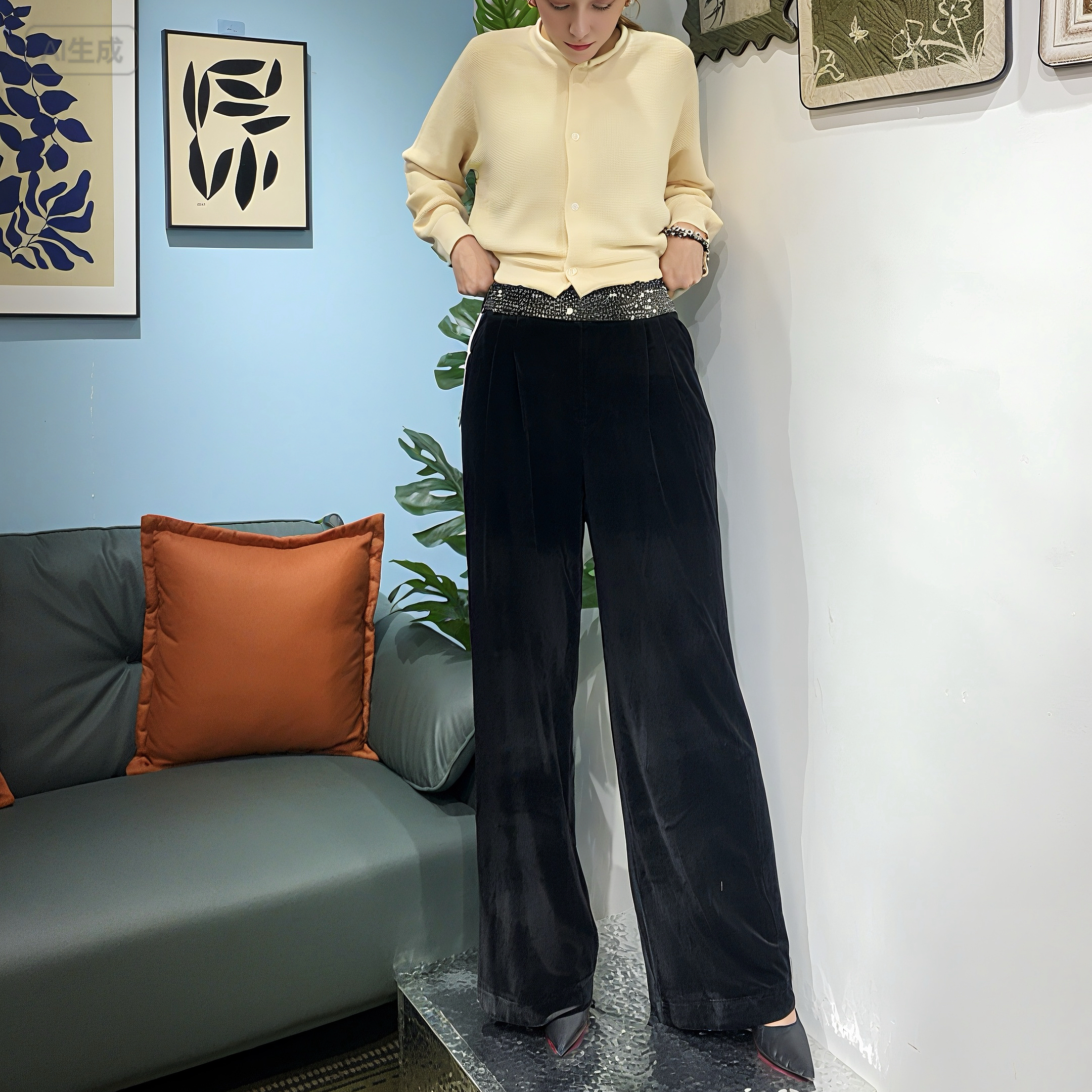 高腰金丝绒阔腿裤女重工刺绣宽松显瘦百搭直筒长裤
