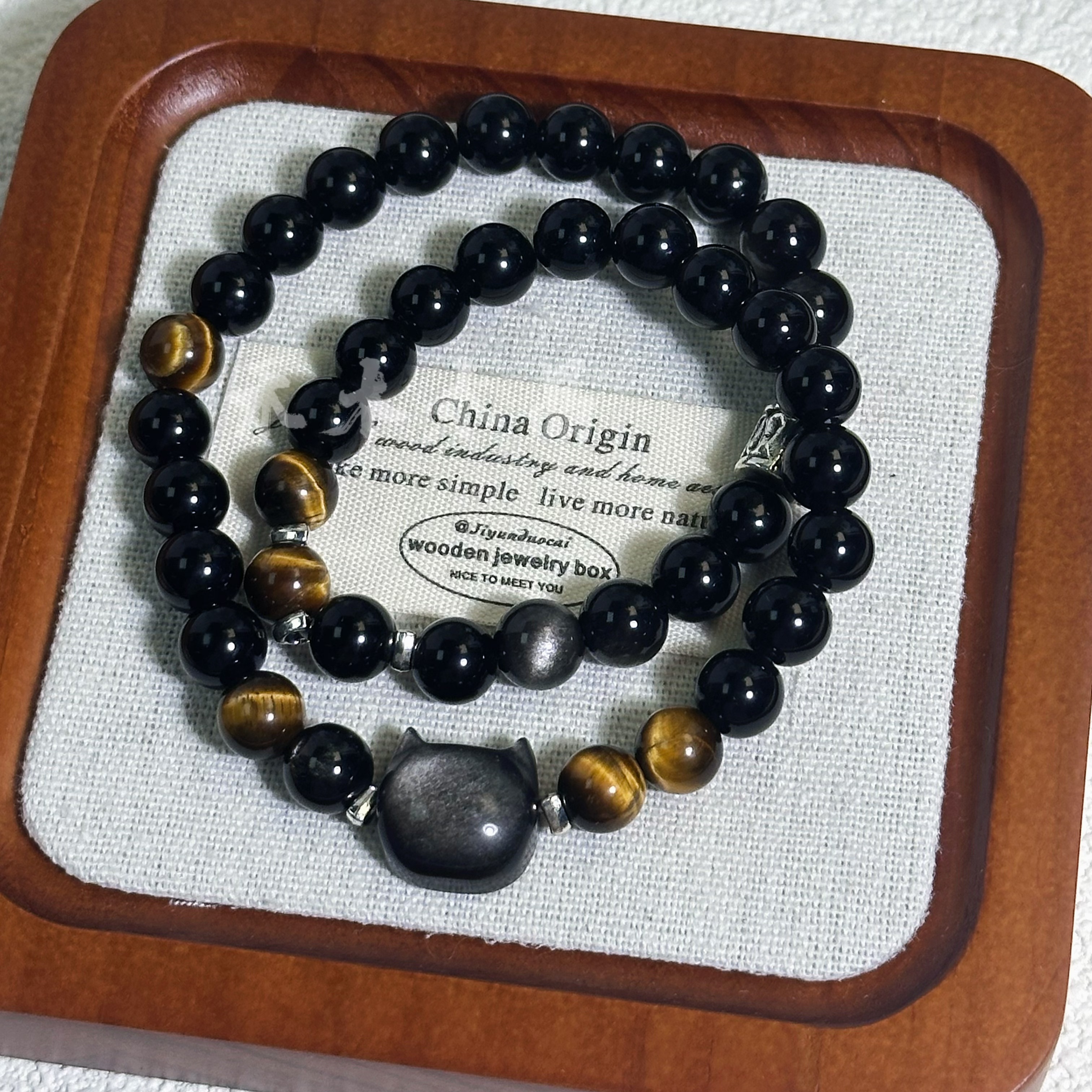 1202-【少年游】禾木原创设计银耀双圈手串猫猫头手链黄虎眼