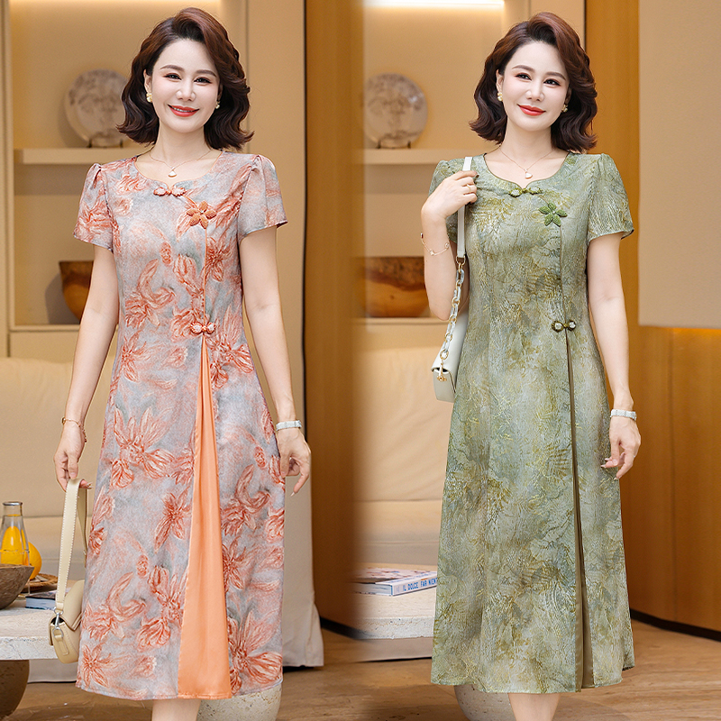 中年女士夏装中长显瘦裙子新款大码减龄妈妈收腰遮肉洋气连衣裙