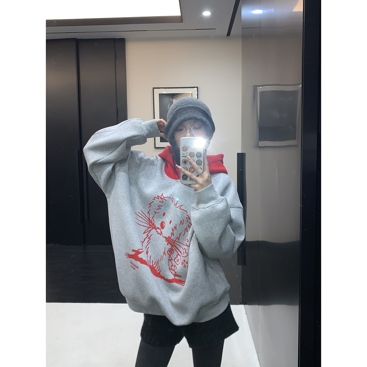 【LIUKY】冬季复古重磅小狗印花ins慵懒休闲加绒红帽子拼接连帽卫衣