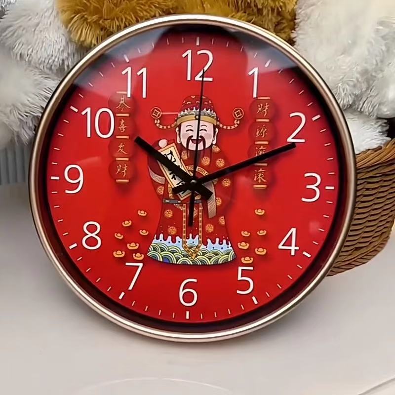 新中式喜庆新年财神爷挂钟静音客厅钟表家用时钟