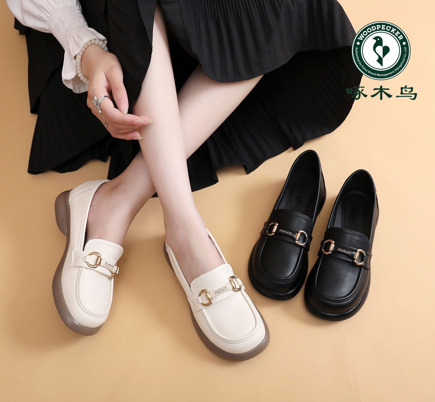 【啄木鸟品牌】百搭舒适软皮时尚休闲英伦风女粗跟软底单鞋乐福鞋