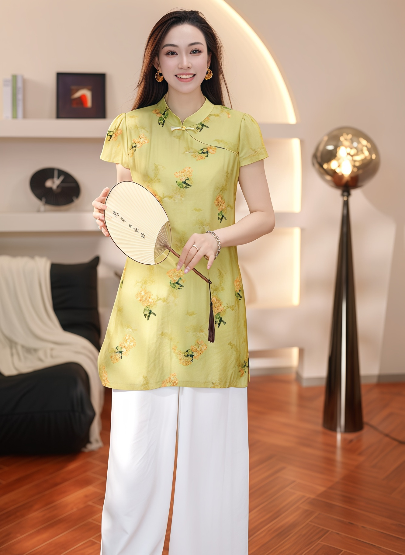 新中式国风立领印花套装 2025夏季新款复古盘扣上衣阔腿裤两件套