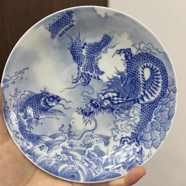 景轩柴窑手绘青花鱼化龙壶承手工青花陶瓷茶具茶盘中式