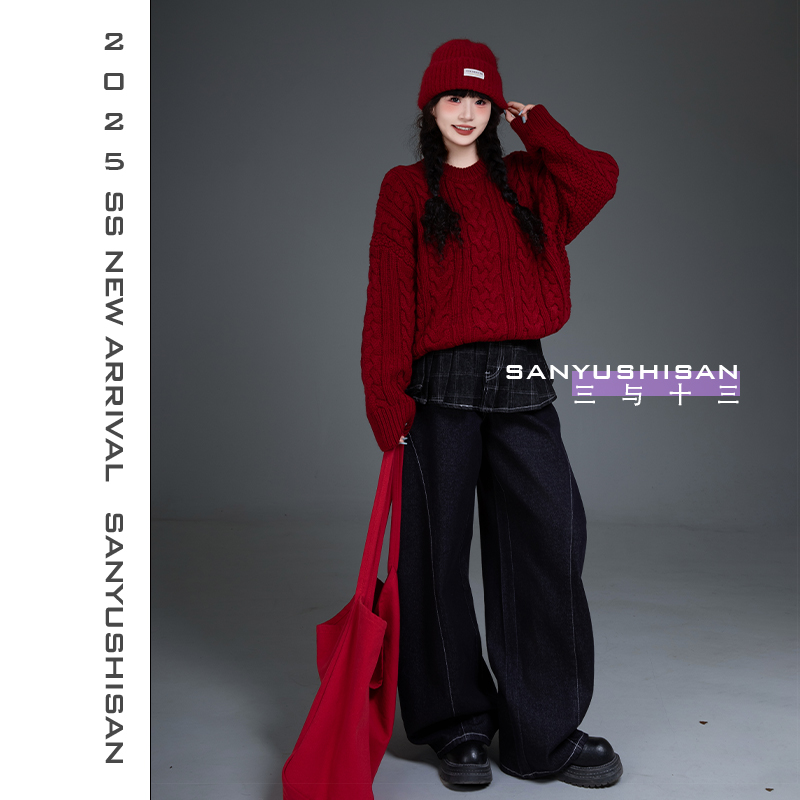 三与十三|红绒丝带|秋季时尚百搭宽松显瘦麻花套头毛衣-1