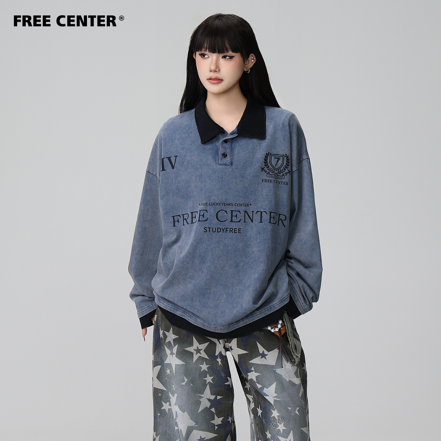 Free Center 美式复古做旧洗水POLO男女宽松百搭字母翻领长袖T恤