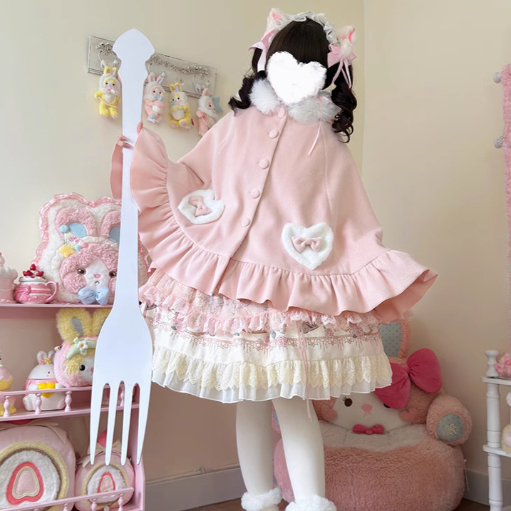 织锦园lolita原创秋冬兔耳斗篷 加绒加厚保暖连帽可爱披风大衣