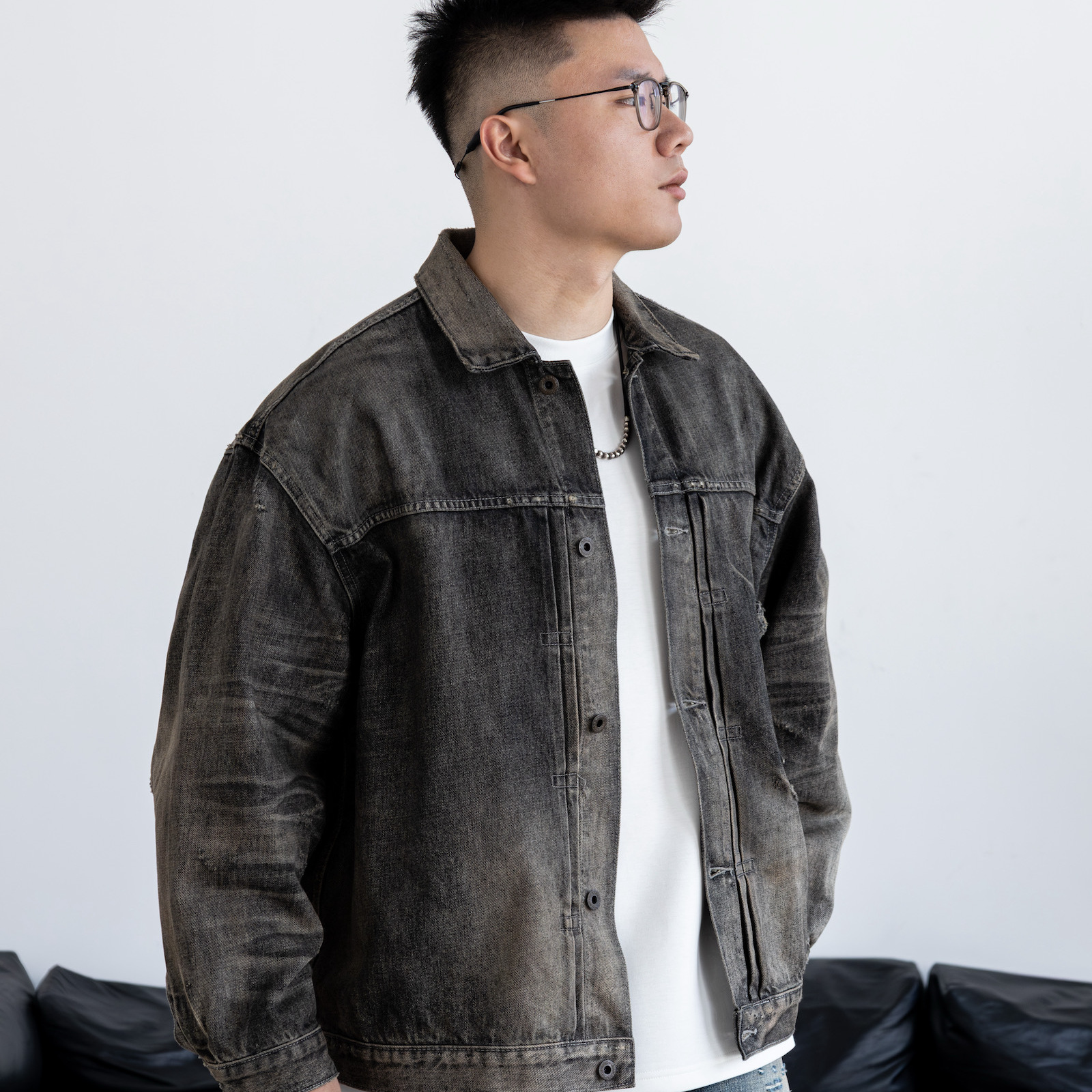 Gnomes lab25AW【牛王系列】黄泥重水洗破坏手工做旧黑色牛仔夹克