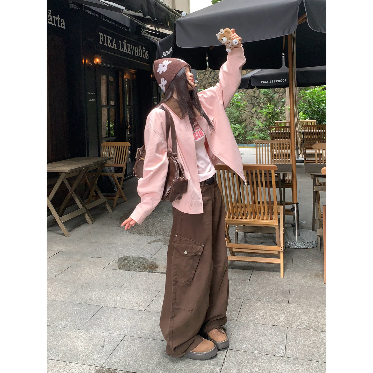 宋正恩【现货清仓】咖色洗水棉工装裤高腰宽松新款阔腿裤 STM88632