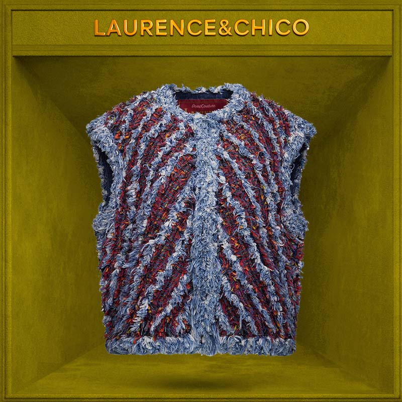 LC粗花呢拼牛仔马甲，红蓝D3AD10112008