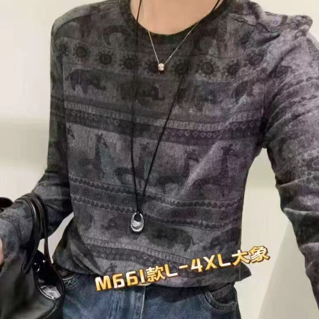 秋季时尚洋气复古小鹿大象宽松显瘦打底衫上衣长袖T恤女2025新款