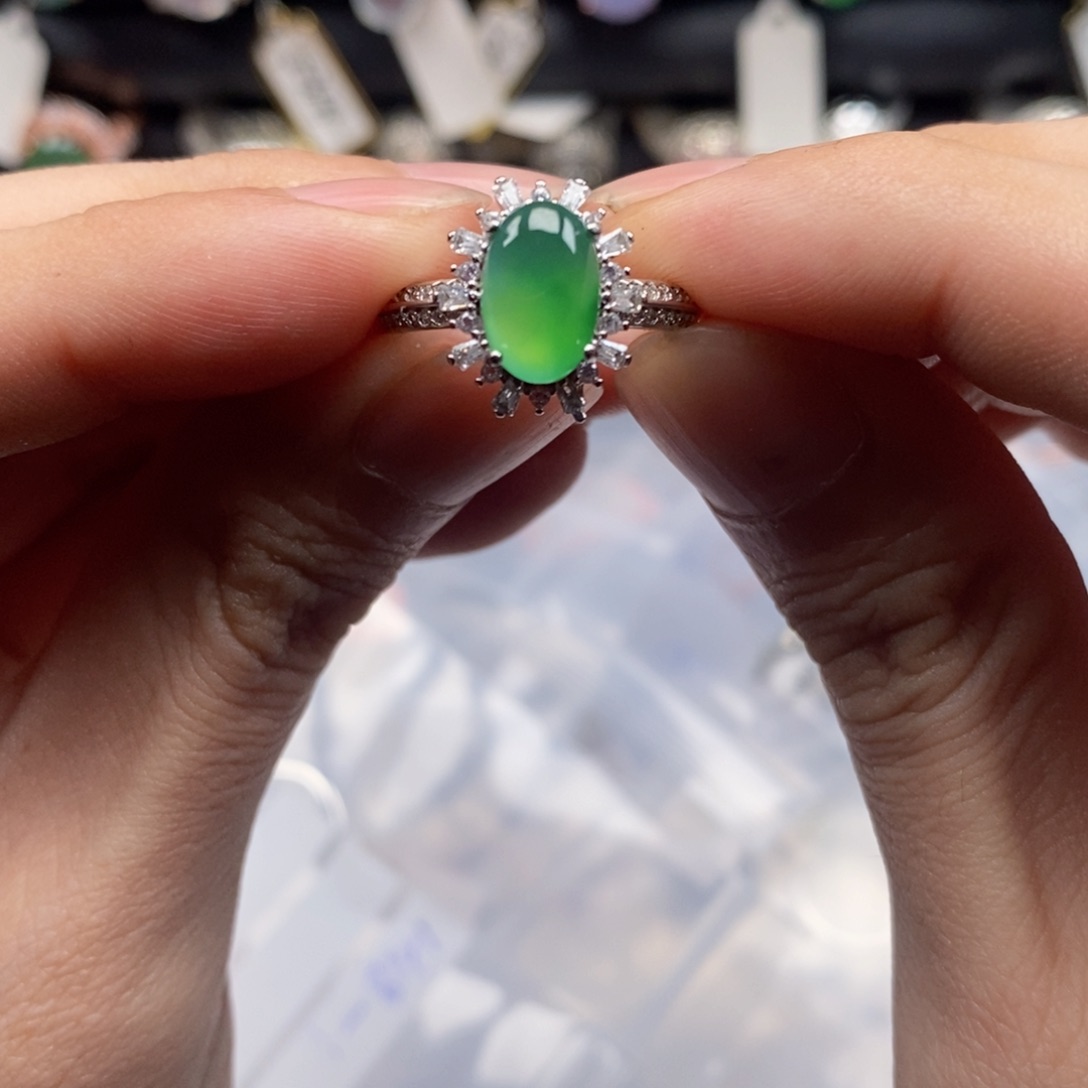 翡翠戒指银S925镶嵌L****活天然缅甸翡翠a货