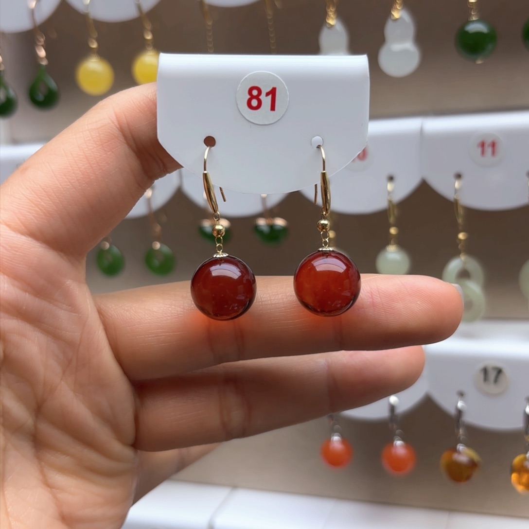 琥珀耳饰18K金镶嵌血珀