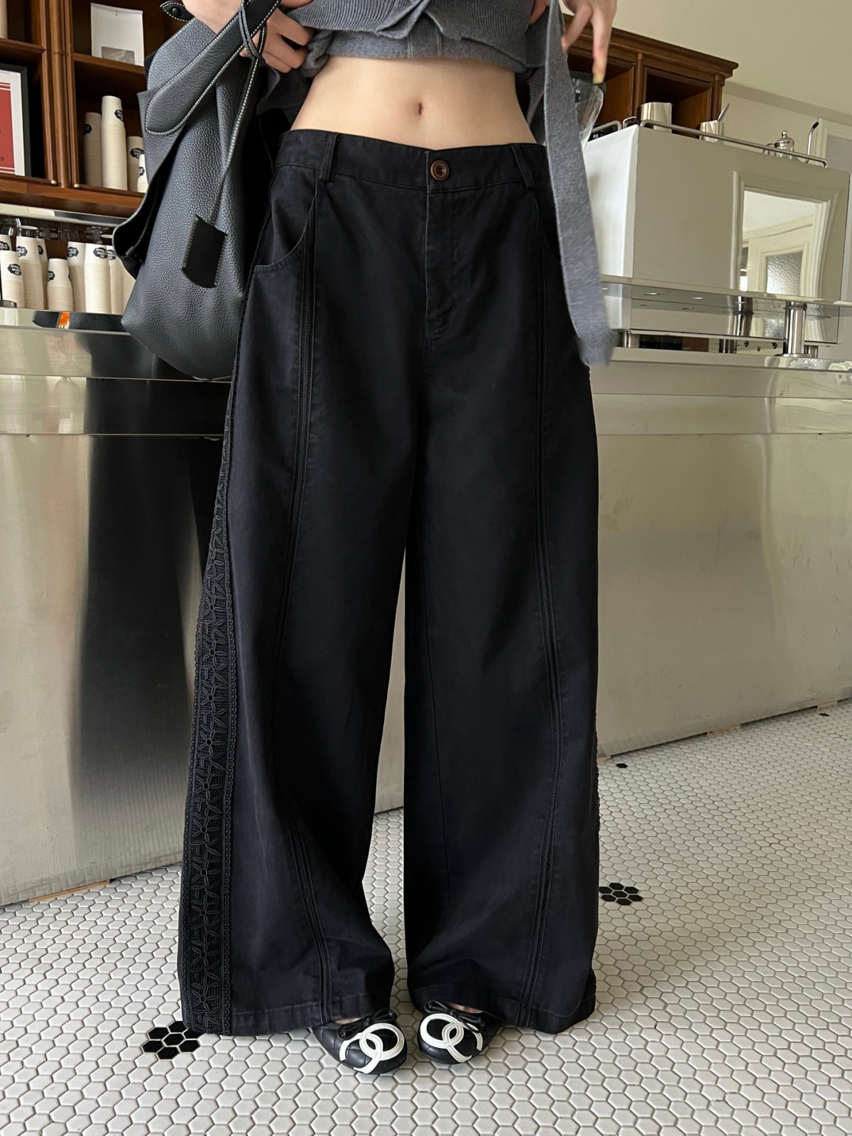 Esu 拼花边洗水阔腿裤女休闲长裤  5813