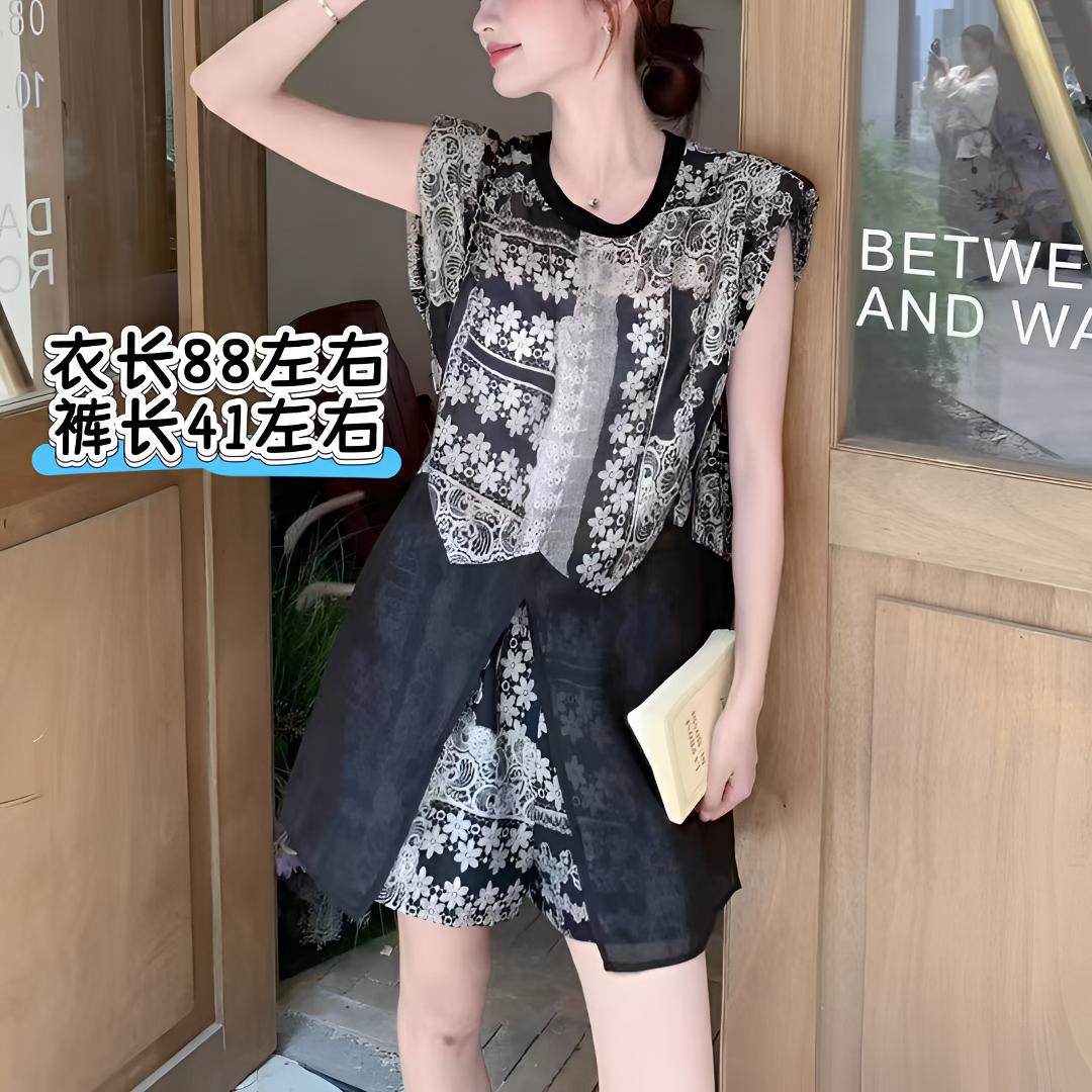  凤儿家-99110 波西米亚民族风碎花拼网纱上衣+短裤两件套