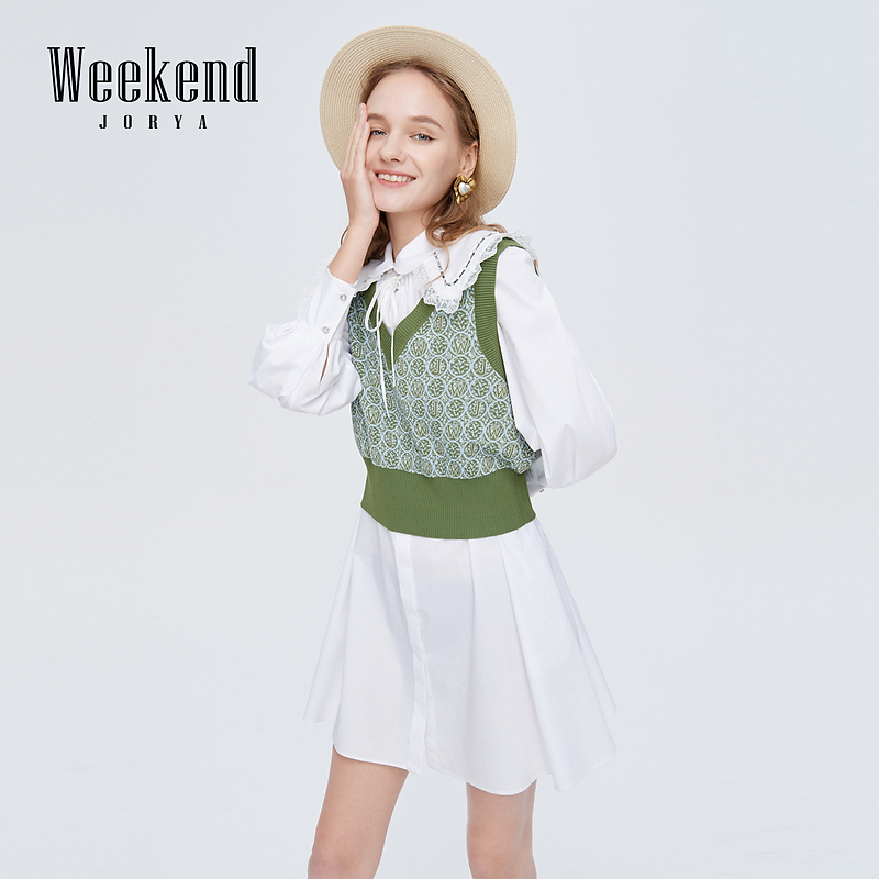 卓雅周末秋娃娃领针织马甲衬衫连衣裙两件套EJWCCF18