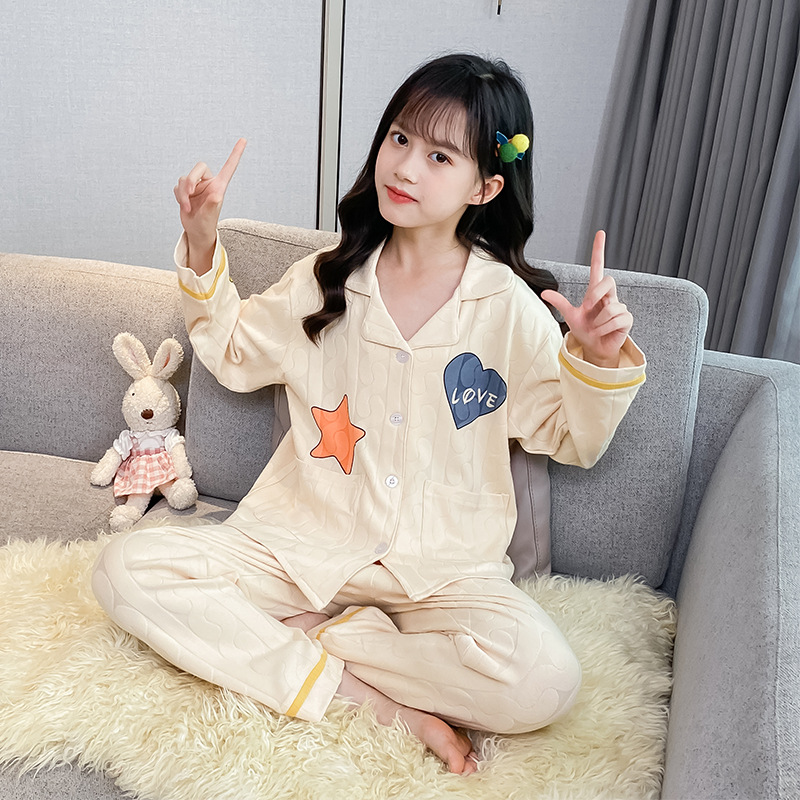 2025秋季新款纯棉麻花五角星家居服套装儿童可爱甜美长袖大童睡衣