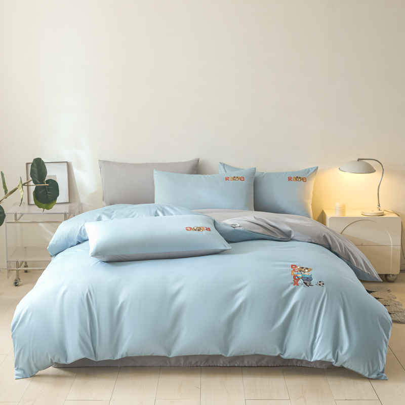 A类全棉100棉长绒棉小熊款刺绣四件套简约现代极简诧寂奶油纯色风