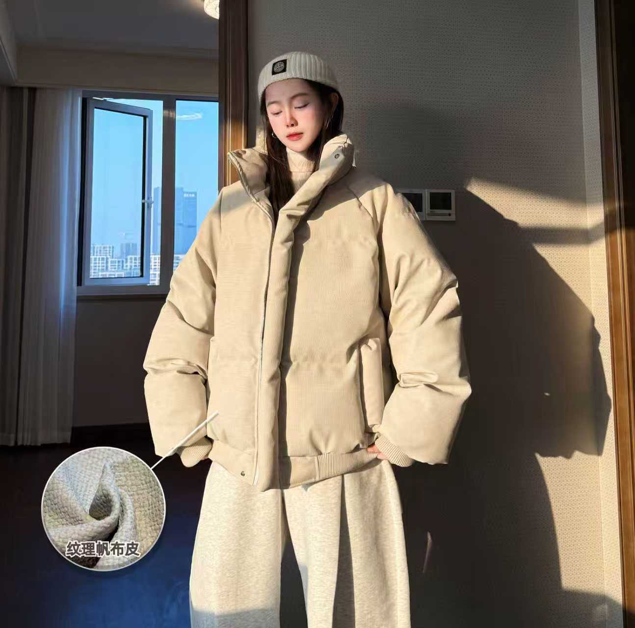 三七-【帆布皮】冬季新款立领设计感加厚棉服保暖情侣休闲百搭棉衣