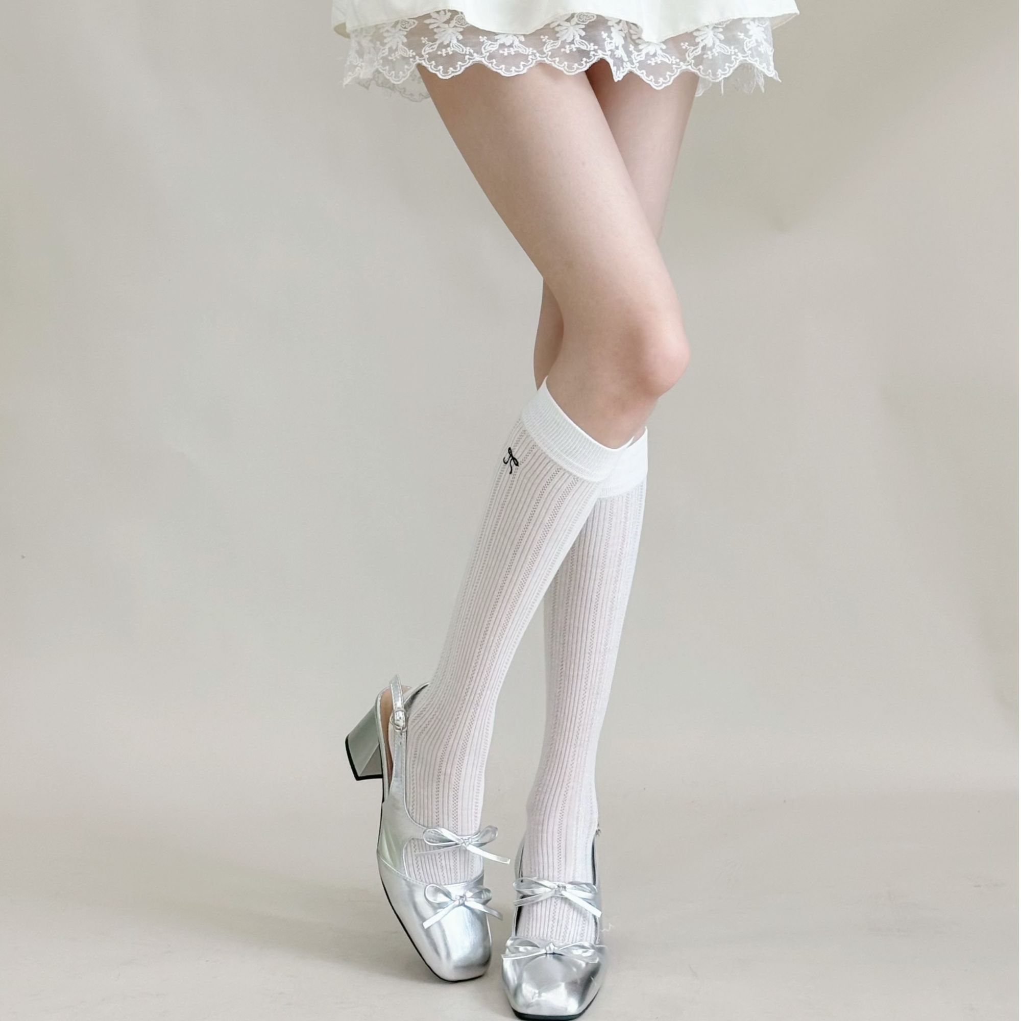 蝴蝶结刺绣夏季薄款女士长筒袜日系芭蕾风春夏透气显瘦小腿袜