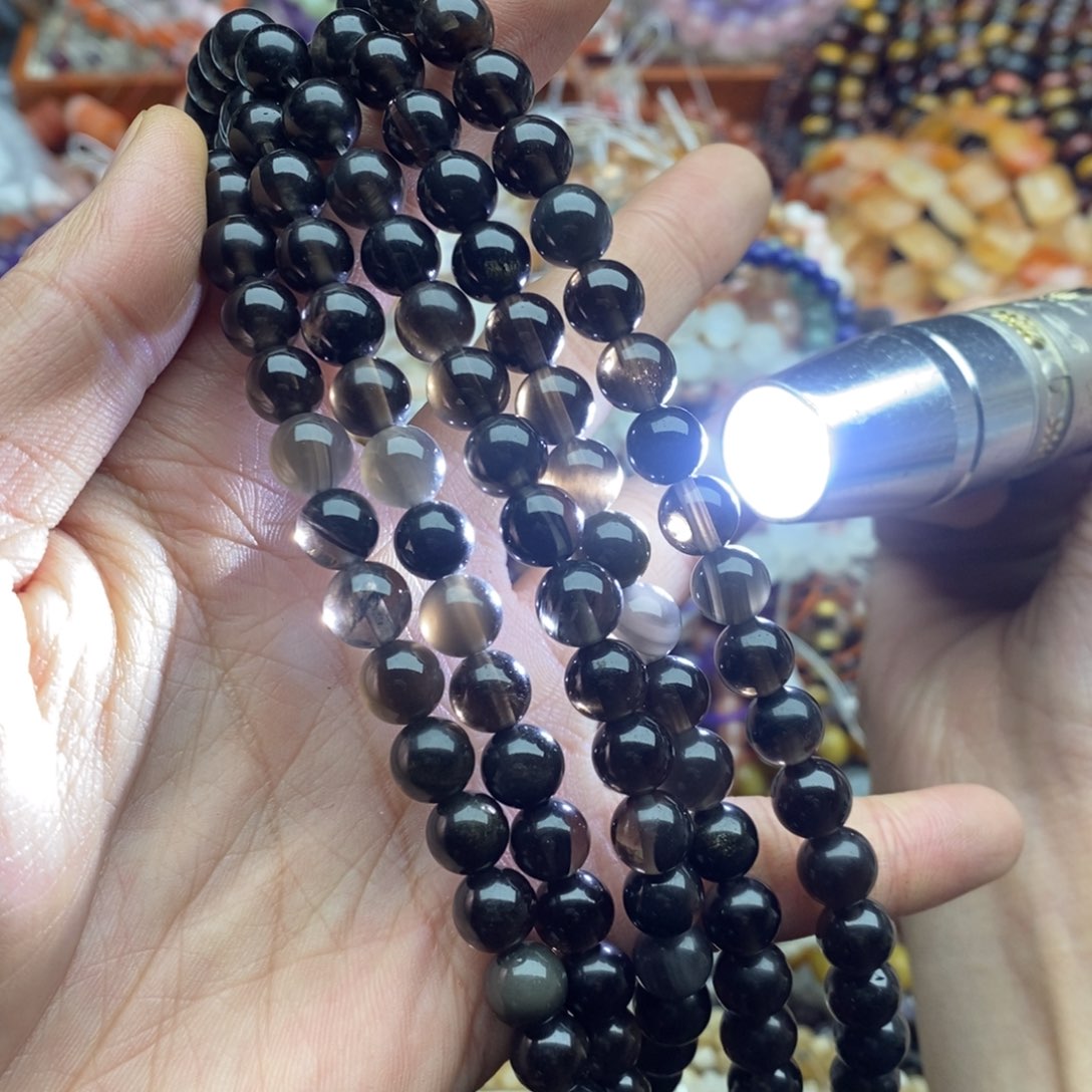 玛瑙/玉髓未镶嵌珠宝半成品一条天然冰透黑曜石8mm圆珠
