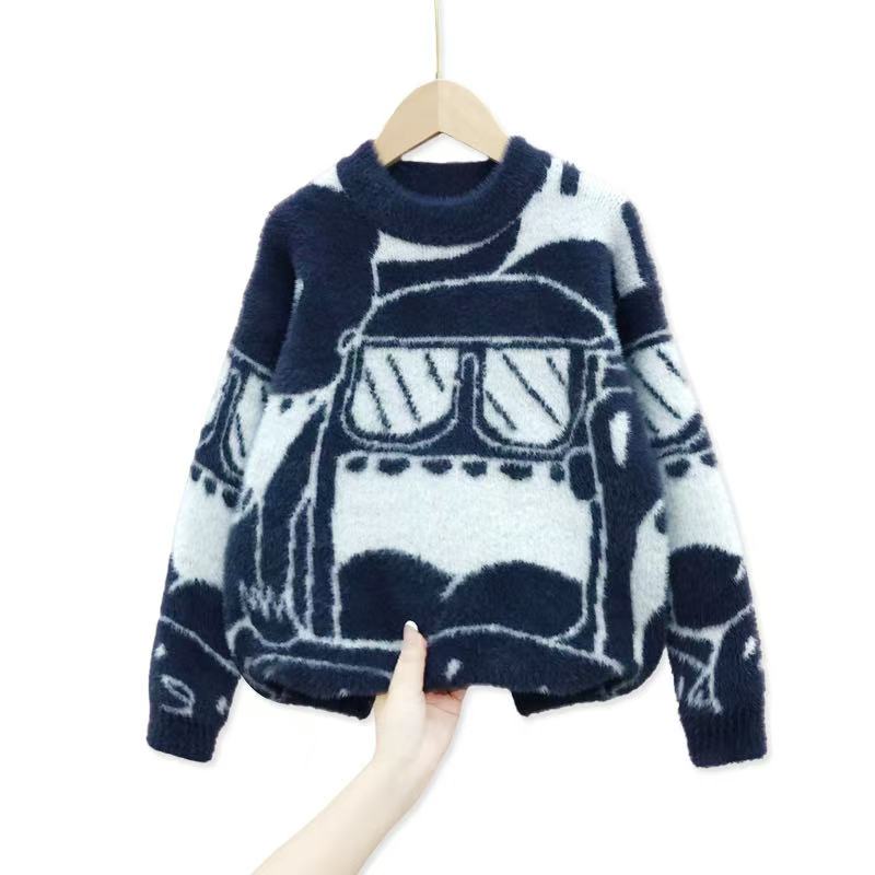 冬季新款男童水貂绒毛衣套头儿童洋气针织衫中大童圆领加厚打底衫