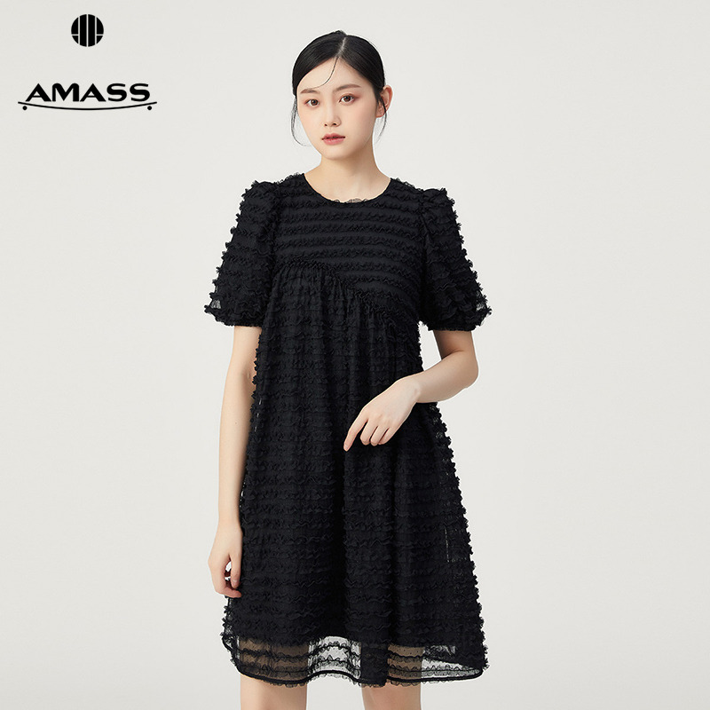 阿玛施AMASS新款女装质感圆领泡泡短袖A字中裙连衣裙5500388-3