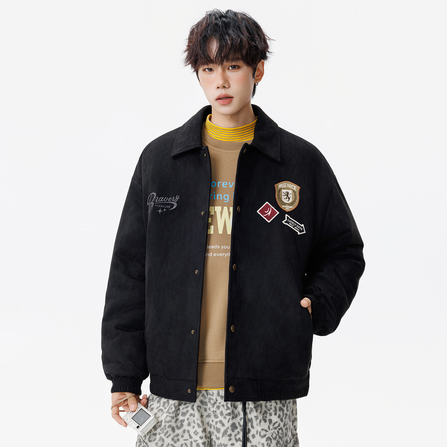 美式刺绣图标仿麂皮绒夹棉加厚棉服外套男女同款飞行休闲服65017