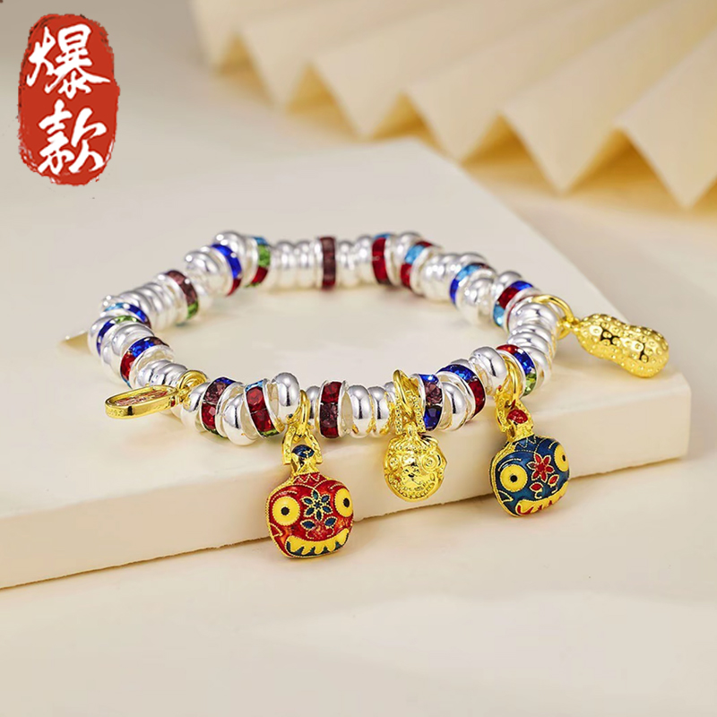 足银手链 【专柜版】33克好事发生烧蓝描金锆石弹力绳（带证书+礼盒）