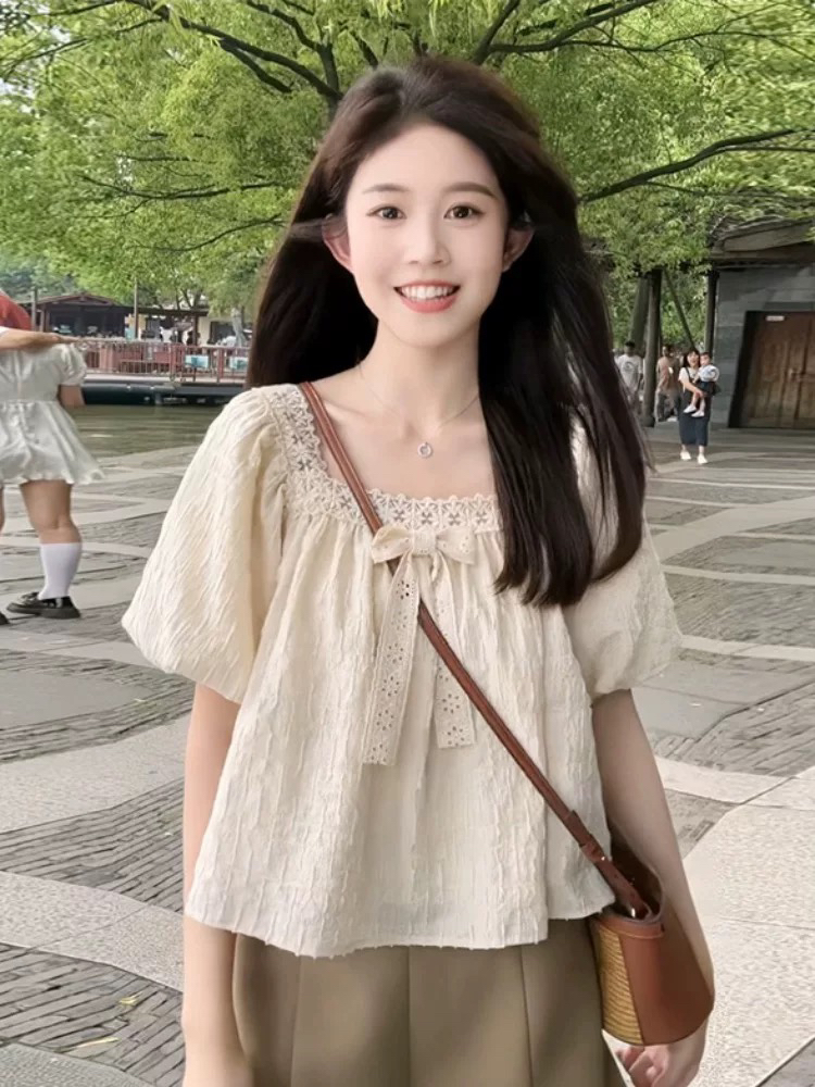 1～200夏季新款法式小众蕾丝上衣女宽松遮肉