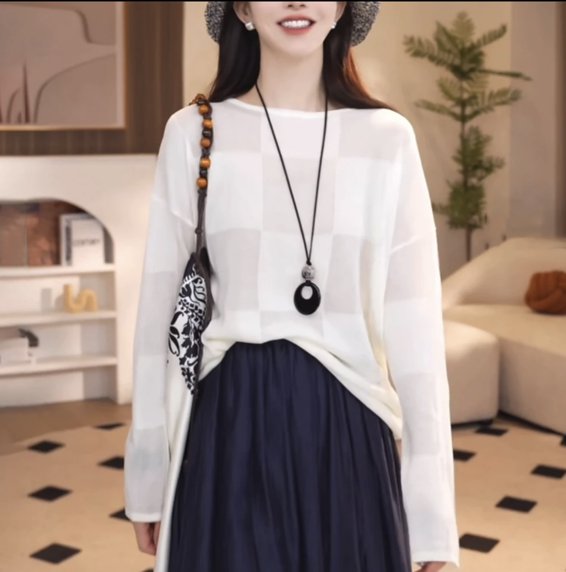 XiANJiE 白色格子设计感长袖t恤女夏季2025新款宽松时尚减龄显瘦