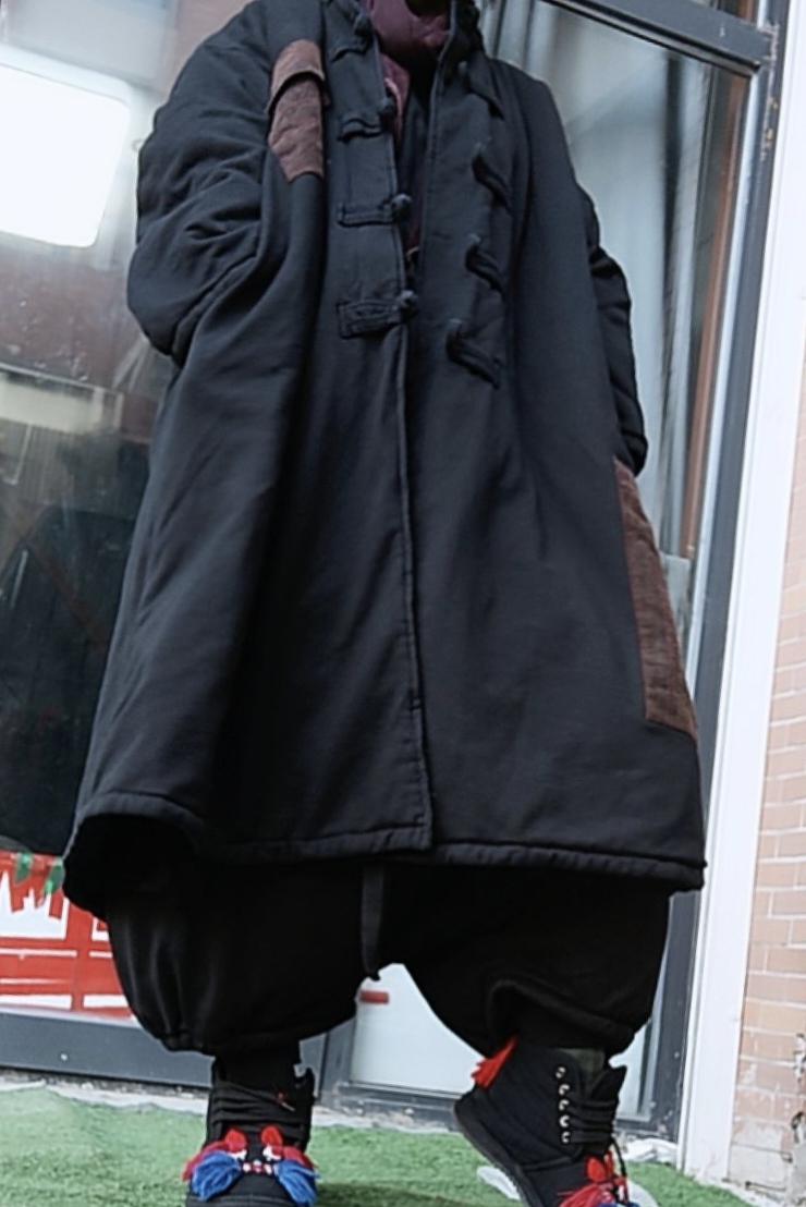 无吊牌磨白做旧黑色卫衣料长棉服上衣