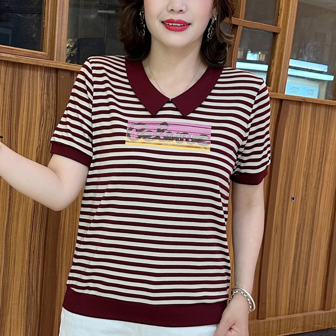 中老年女装夏季妈妈装棉短袖T恤女条纹上衣半袖百搭修身小衫
