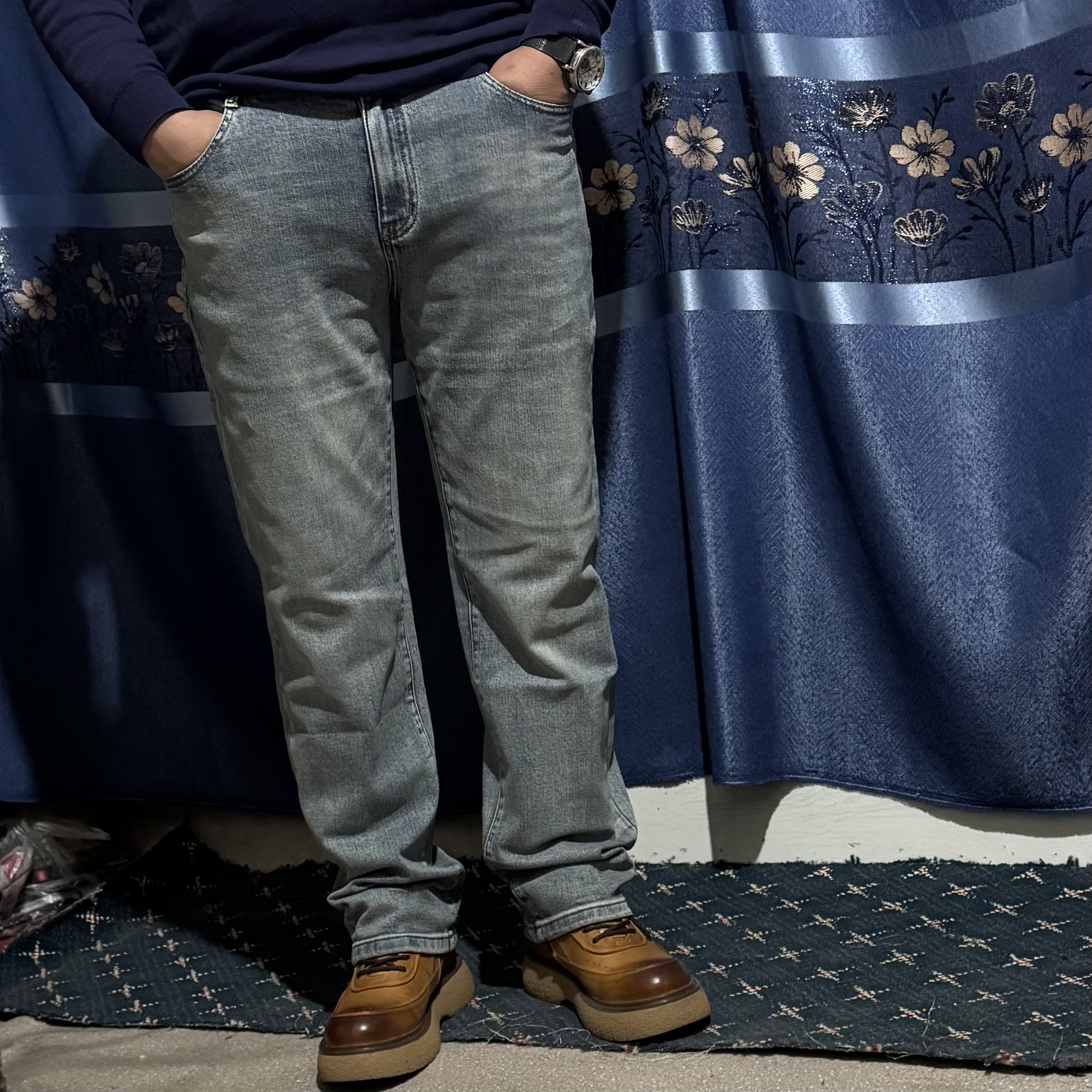 牛仔裤中腰水洗微弹力时尚男裤直筒春季款复古兰