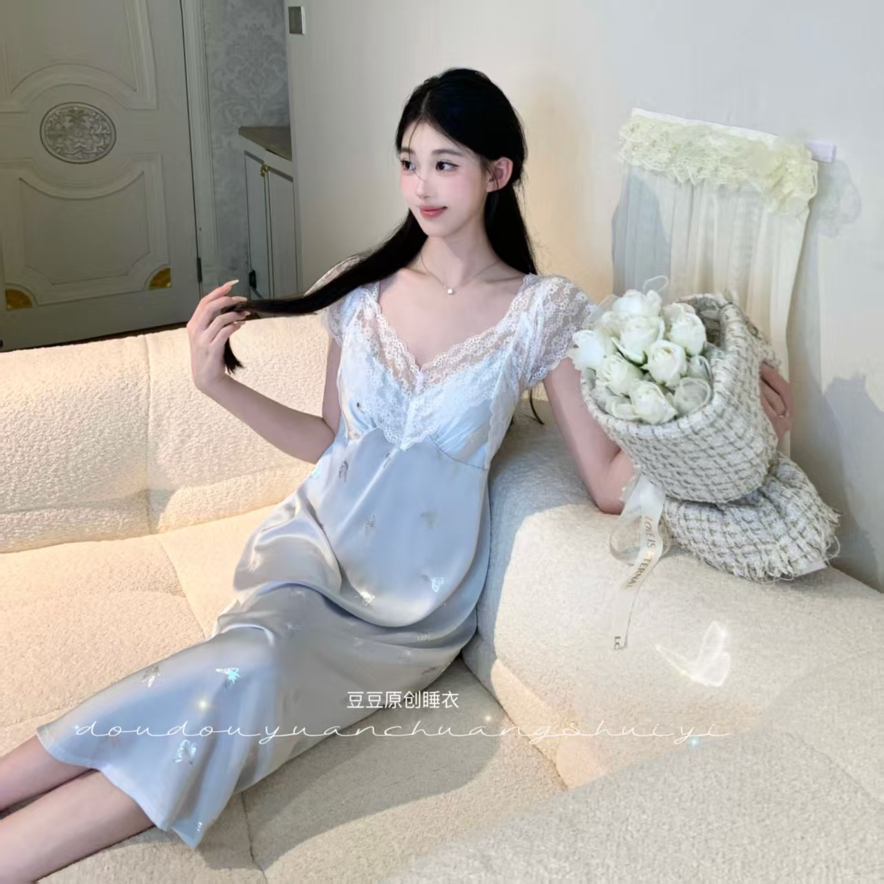 西米【蓝蝶影】柔光丝带胸垫短袖睡裙显瘦轻薄显高透气显白睡衣女