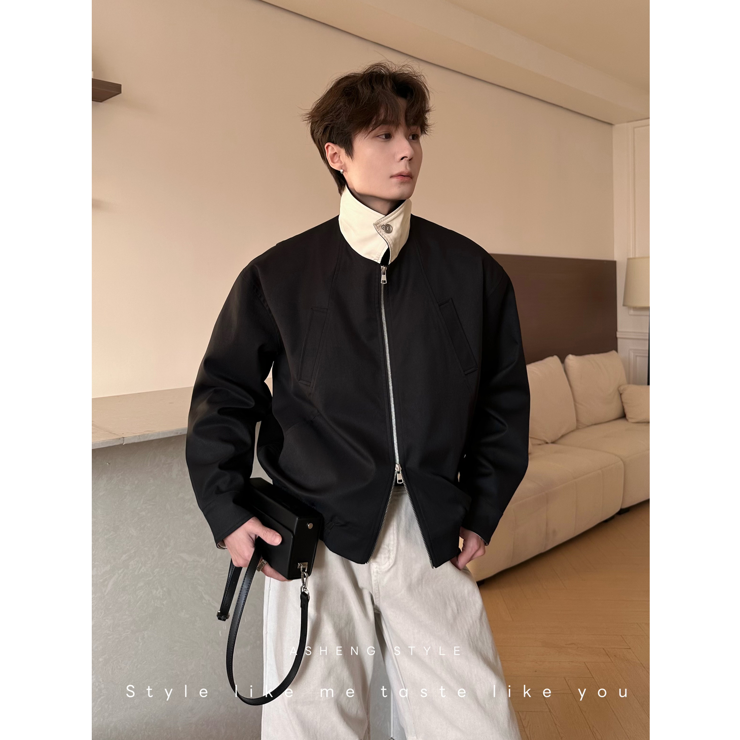 巴恩风拼接撞色复古设计感小众短款夹克男春季宽松痞帅外套潮港风