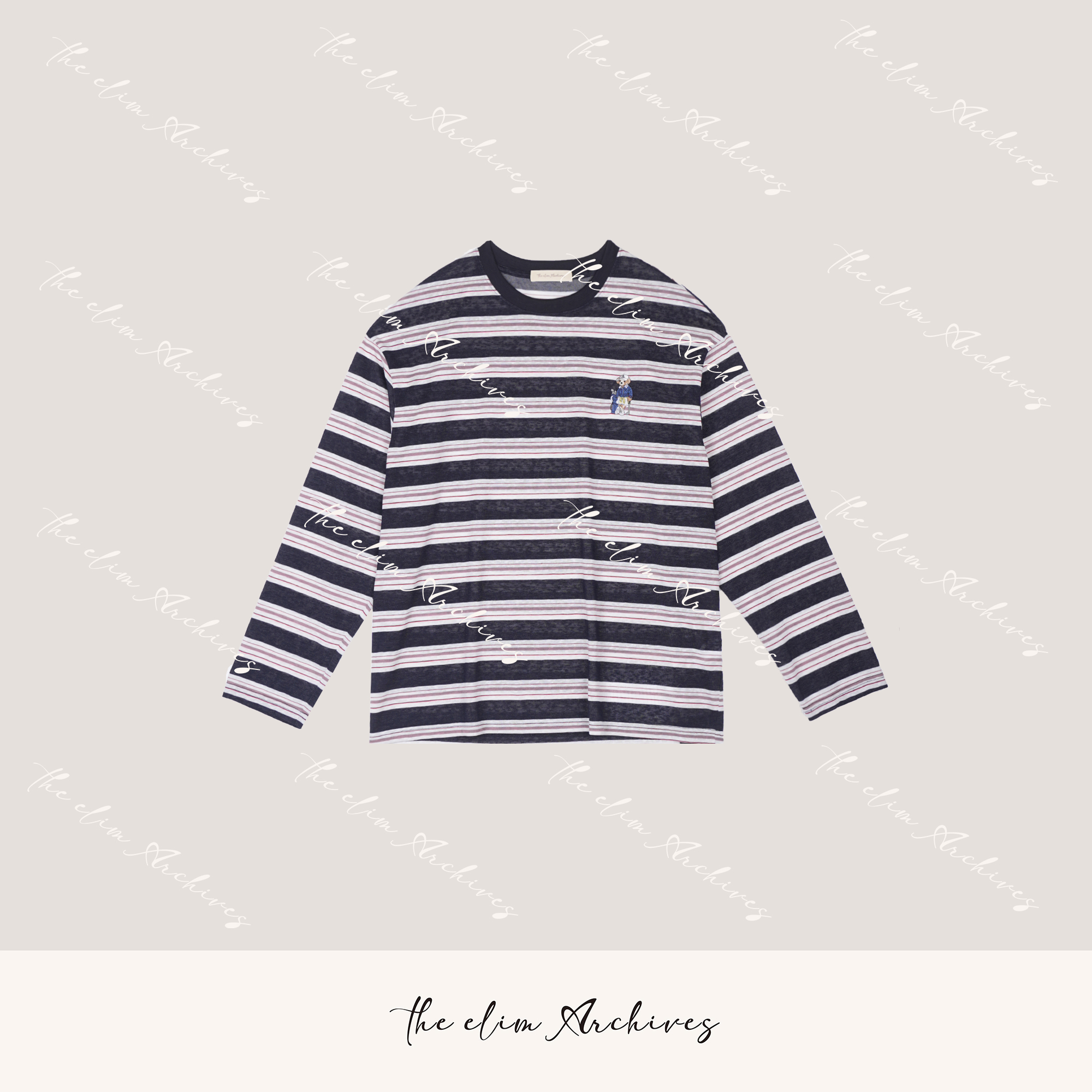 【以琳档案】“高尔夫小熊”时尚圆领长袖藏青色对条小熊T恤LN023238